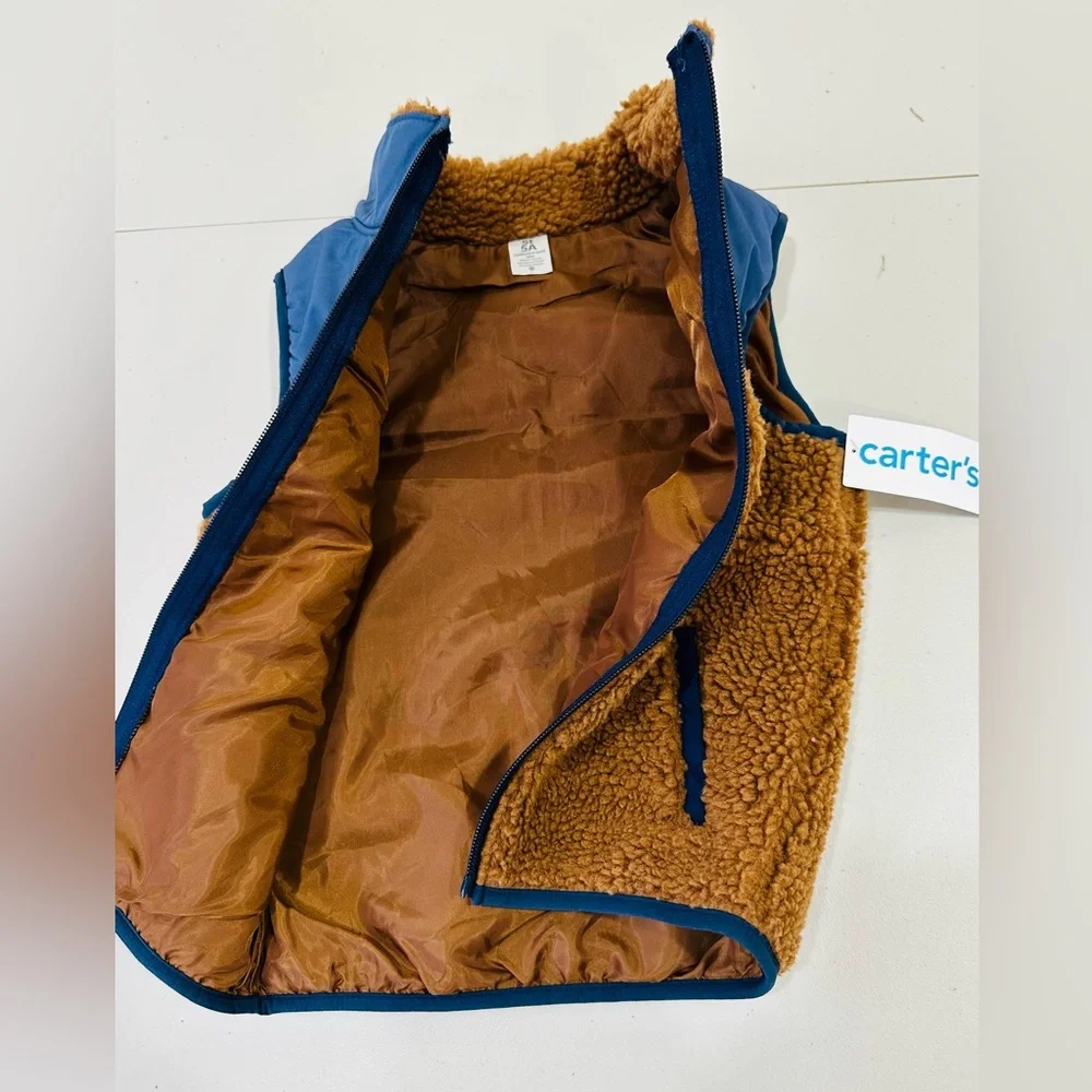 CARTER’S Sherpa Vest Zip Up Boys 5 Youth Brown Blue Colorblock‎ Lined Layering